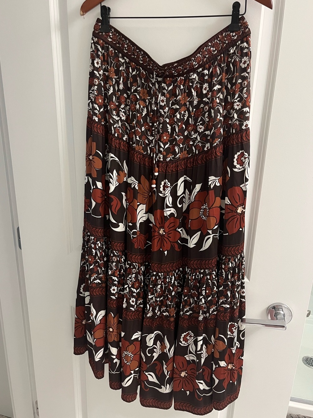 Rachel Zoe Boho Floral Tiered Maxi Skirt – Brown/Rust – Size L